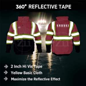 เสื้อแจ็คเก็ตบอมเบอร์นิรภัยแบบมีฮู้ด น้ำหนักเบา มองเห็นได้ชัดเจน ผลิตจากโพลีเอสเตอร์ 100% ซิปเต็มตัว มาตรฐาน ANSI ระดับ 1  พร้อมโลโก้แบบกำหนดเองและไฟ LED กระพริบ - Product Image 6