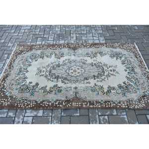 Vintage Rug 3.8x6.7 ft, <b>Brown</b> Blue Oriental <b>Wool</b> Turkish Rug - Product Image 3