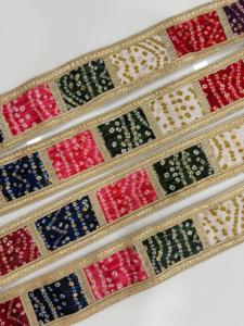 Multicolor Bandhani Patchwork Embroidered Lace <strong>Border</strong> with Golden Zari Work Bandhani patchwork lace <strong>border</strong> featuring vibrant - Product Image 4