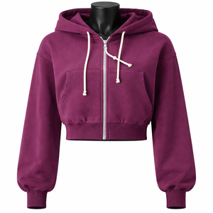 Sudadera con capucha corta de forro polar con cremallera completa para mujer, manga abullonada, capucha con cordón, color liso, logotipo personalizado, OEM, marca privada - Product Image 1