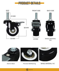Roue de chariot à frein pivotante à tige filetée en PVC noir de 2 pouces, roulement de précision M10, pour armoire à outils, étagère d'exposition - Product Image 2