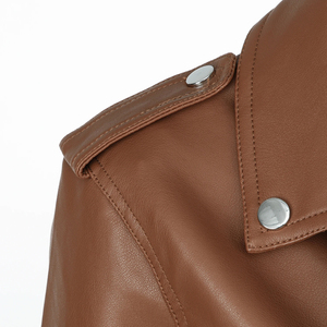 Automne 2025 femmes nouvelle veste de moto en cuir marron véritable coupe ajustée avec ceinture courte plaine teint Imitation cuir - Product Image 4