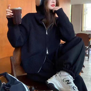 Lady's High Quality Solid Color Hooded Cardigan New Style Double Zipper Knitted <b>Sweater</b> Jacket for Winter Casual Style Front - Product Image 5