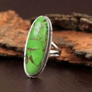 แหวนทองแดงเทอร์ควอยส์ทำด้วยมือพลอยเจียระไนทรงรีสีเงิน925ทองแดงดีไซน์คลาสสิก - Product Image 2