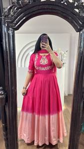 Rose ombré Chinnon soie Anarkali élégant brodé longue robe évasée Silhouette pour la fête de mariage porter pour l'été hiver - Product Image 4