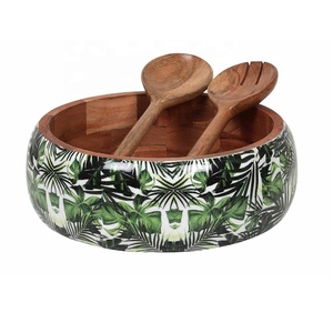 Bol de service à salade en bois de manguier à motif géométrique avec cuillères de service Bol à fruits en bois pour la cuisine Bol de service à salade polyvalent - Product Image 6