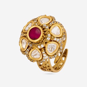 Bague d'éternité Kundan Fashion - Coupe Princesse, sertissage Bezel, taille ajustable, plaqué or - Product Image 1