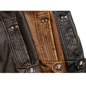 แจ็กเก็ตหนังแท้สไตล์นักขี่จักรยานแนววินเทจคอตั้งมีซิปเรียบและหมุดย้ำไซส์ใหญ่ - Product Image 5