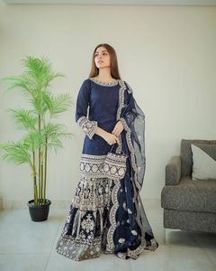 ชุด Plazo ที่สวยงาม Georgette เทียมหนักพร้อมลําดับการเย็บปักถักร้อย 5 มม. งานหนักด้วยผ้าฝ้ายไมโครคุณภาพสูง Latkan Dori - Product Image 6