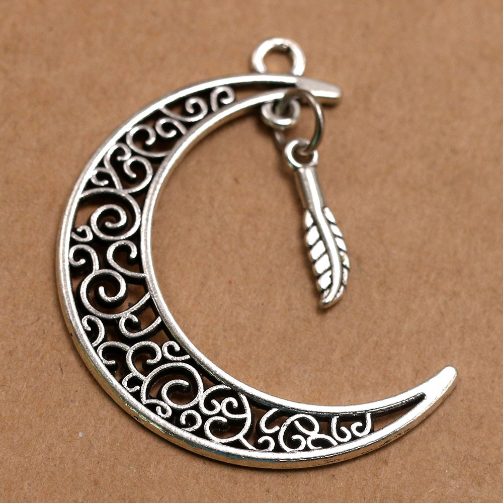 Lune + plumes couleur argent antique plaqué