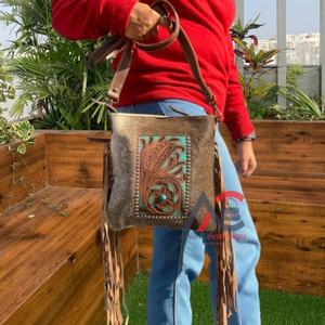 Nuevo Bolso bandolera con flecos de cuero de vaca auténtico, bolso de piedra turquesa bohemio occidental, bolso de cuero genuino para mujer - Product Image 1