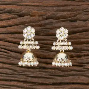 Pendiente Indo Western Jhumki 110083 chapado en oro de calidad de exportación en línea con perlas blancas - Product Image 1