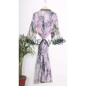 Anokhi เสื้อคลุมผ้าฝ้ายโบราณบล็อกดอกไม้พิมพ์นุ่มสบายสั้นกิโมโนเหมาะสําหรับสวมใส่หน้าแรกสวมใส่ชายหาด,ผู้หญิง - Product Image 6