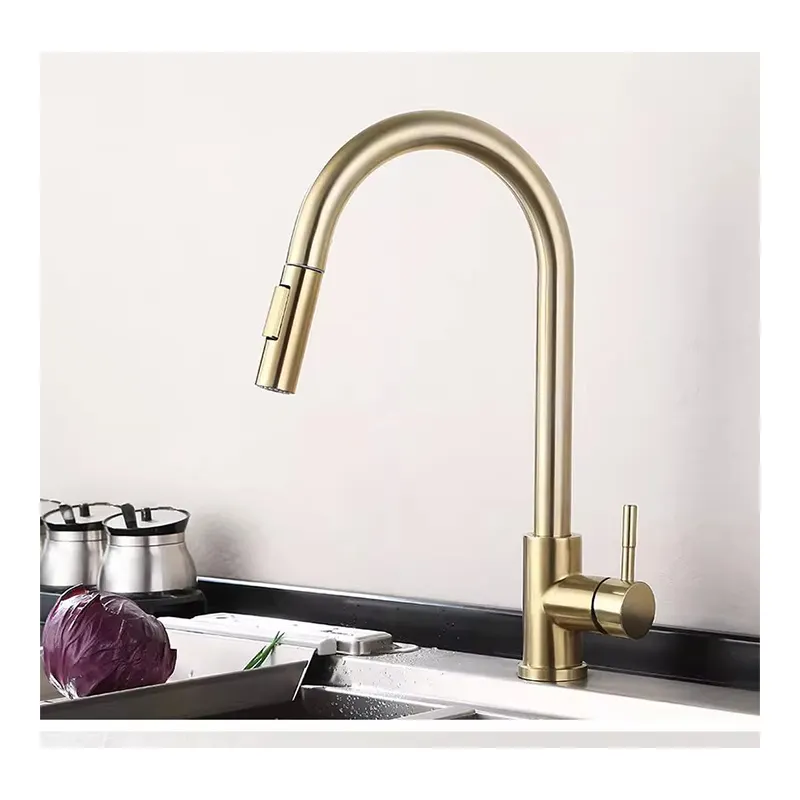 Wholesale Stainless Steel Pull Out Brushed Gold Kitchen Mixer Taps Kitchen Sink Faucet