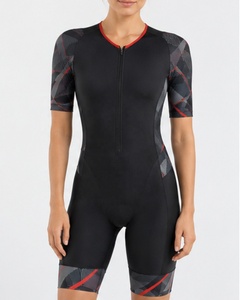 Combinaison de triathlon pour femmes, noir, rouge, gris, motif géométrique, manches courtes, respirante, séchage rapide, compression, réversible - Product Image 1
