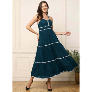 DEEBACO Women's Solid Teal Rayon Tiered <b>Dress</b> Sweet Heart Neck Sleeveless Fit and Flare Maxi Length Party Casual Western Wear - Product Image 6