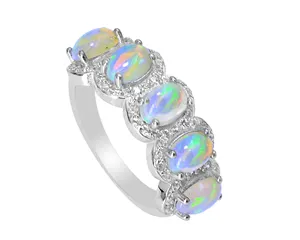 天然埃塞俄比亚蛋白石6x4毫米椭圆形凸圆形彩虹火宝石925纯银男女通用戒指巨大制造