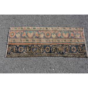 Tapis en laine turque vintage 1.5 x 3.6ft bleu et beige Patchwork Design technique de tissage plat pour les décorations de salon - Product Image 3