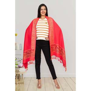 Floral Border Winter <b>Wool</b> Stole-<b>Red</b> - Product Image 2