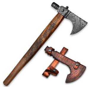 Hache Tomahawk en acier au carbone forgé à la main, style viking, hache barbue avec fourreau en cuir, manche en bois personnalisé OEM - Product Image 1