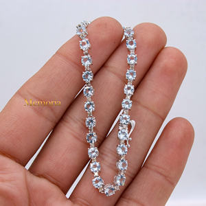 Handmade Women's Tennis <b>Bracelet</b> Natural round <b>Aquamarine</b> Gemstone Diamond 14k Solid White Gold for Weddings Wholesale Jewelry - Product Image 6