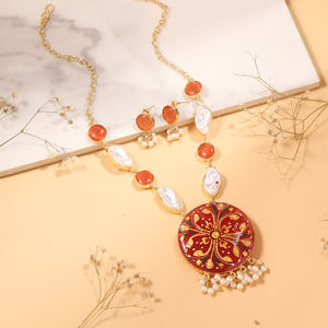 Conjunto de Collar y Aretes de Latón Esmaltado Rojo con Perlas de Imitación, Estilo Étnico, Hecho a Mano, para Mujer, para Bodas y Fiestas - Product Image 1