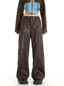 REDDACHIC Brown <b>Leather</b> Wide Leg Button Fly <b>Men</b> 90s Retro Distressed Draped Loose Straight Casual <b>Pants</b> Minimalist Korean - Product Image 6