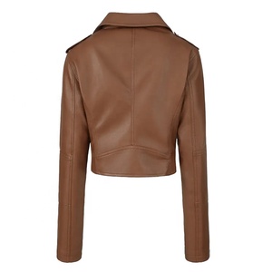 Blouson Moto Femme en Cuir Véritable Marron Tricoté, Col Montant, Manches Longues, Fermeture Éclair, Longueur Courte, Hiver – Vente en Gros Personnalisée - Product Image 3