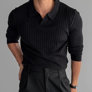 2024 Spring <b>Mens</b> Clothing Retro Knit Lapel Striped Polo <b>Shirt</b> Solid Color <b>Long</b> <b>Sleeve</b> Fashion Light Luxury Popular Knitwear 3Xl - Product Image 3