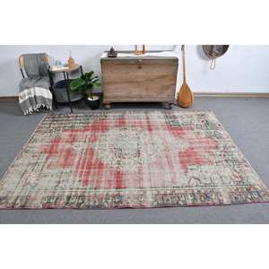 Vintage Turkish Wool <b>Rug</b> 5.4 X 7.6 ft Large Bohemian Red Beige Area Patchwork Design Latex Backed for Hallway Bedroom <b>Bedside</b> - Product Image 5