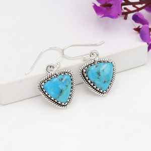 Superb Blue Copper Turquoise Gemstone Trillion Cabochon Vintage Baho Solid 925 Sterling <b>Silver</b> Plated <b>Dangle</b> Drop Womens <b>Earring</b> - Product Image 1