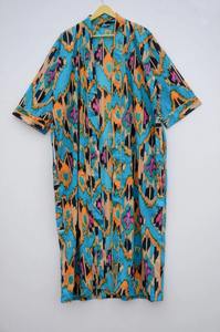 Bata Kimono de Algodón Ikat Turquesa Unisex, Larga, con Cuello en V y Cintura Ajustable, Ligera, para Descansar y Dormir, para Verano y Otoño - Product Image 4