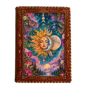 Carnet en cuir fait main Soleil et Lune, Art céleste imprimé UV 3D, Cahier vintage cousu main, Grimoire floral fantastique - Product Image 1