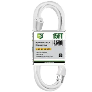 15 Ft Outdoor Extension Cord - 16/3 SJTW Durable White Electrical Cable with 3 Prong Grounded Plug, UL Listed