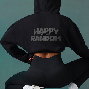 Femmes personnalisé de haute qualité vêtements de sport lourd 100% coton polaire 3D bouffée impression haut court à capuche - Product Image 2