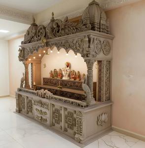 Templo Jain Blanco Tallado a Mano de Primera Calidad para Sala de Pooja, Templo de Madera de Teca Personalizado Tallado a Mano para Adoración en el Hogar, Fábrica en el Reino Unido - Product Image 3