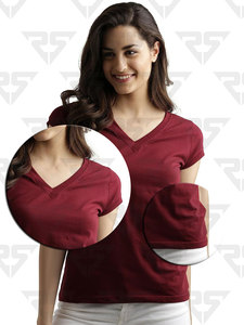 Camiseta de algodón de manga corta con cuello en V supersuave de color granate para mujer - Product Image 5