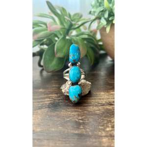 Southwest Handmade Kingman Turquoise & Sterling Silver <b>Adjustable</b> Climber <b>Ring</b> Size 6.5 Bezel Setting Perfect Gift - Product Image 1