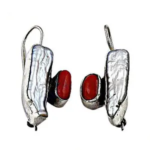 Boucles d'oreilles pendantes tendance pour femmes, argent, perle et corail rouge, bijoux - Product Image 2