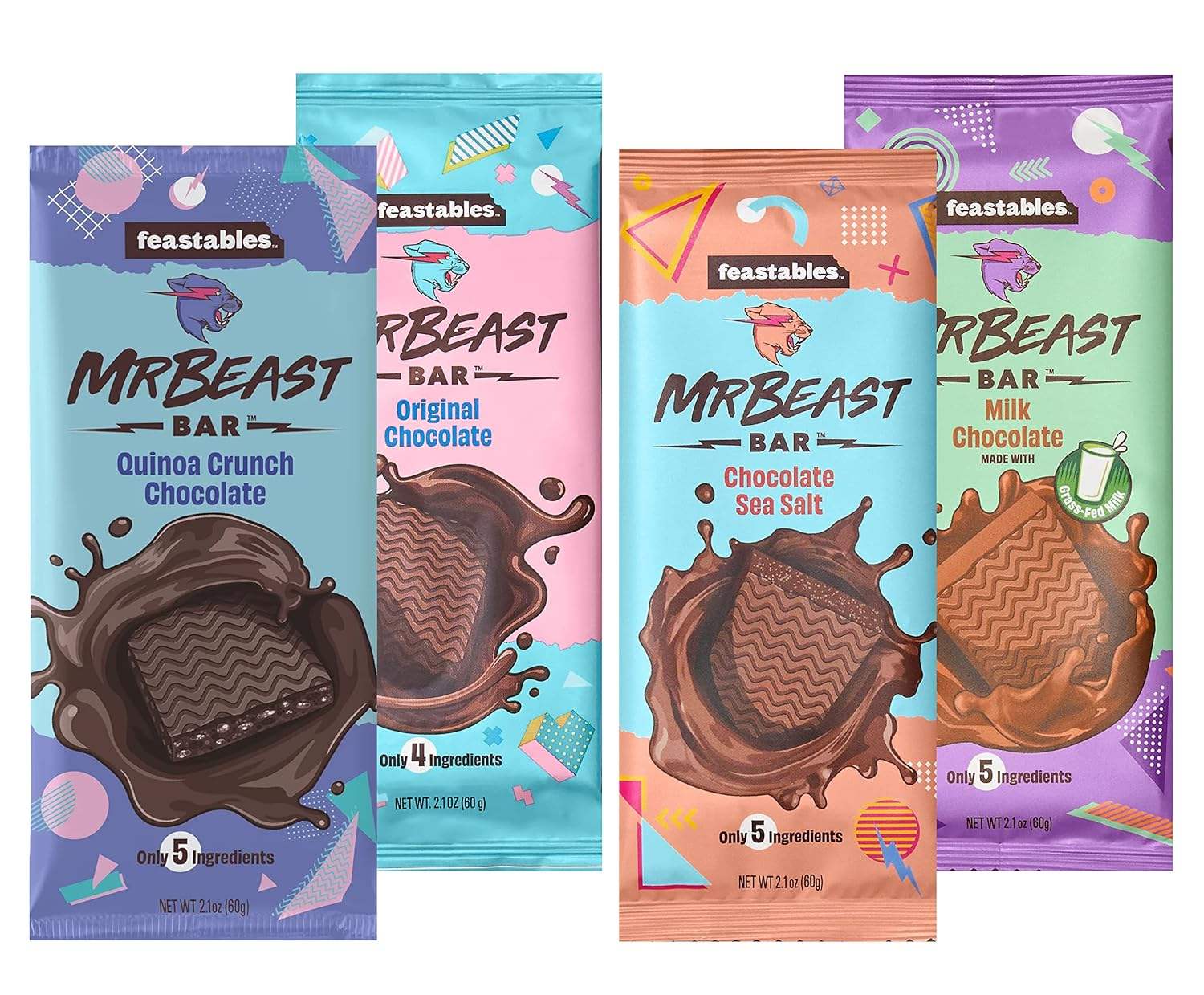 Feastables Mr Beast Milk Chocolate, Peanut Butter Milk Chocolate and Milk  Chocolate Crunch, 8 bars total,