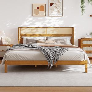 Mid Century Modern King Bed Frame Solid Pine <b>Wood</b> <b>Slats</b> No Box Spring Needed Traditional Style Natural Platform Bed Headboard - Product Image 6