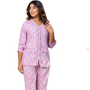 Collection rose magnifique pour femmes grande taille costume de nuit d'été manches trois-quarts imprimé robe 2 pièces tissu tissé - Product Image 1
