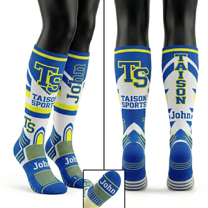 Premium Quality Stretchable Polyester Spandex Women Cheerleading <b>Socks</b> Blue <b>Yellow</b> Pattern Panels Custom Knitted Logo <b>men</b> <b>socks</b> - Product Image 5