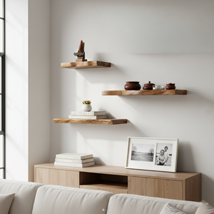 Ensemble d'étagères flottantes rustiques Live Edge trois pièces en bois massif écologique ferme salon affichage mural à bord naturel - Product Image 2