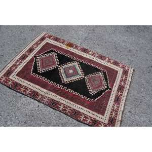 Alfombra turca Vintage roja y negra tradicional, 3,5x5,5 pies, área grande, 10mm de espesor, Material de lana, respaldo de látex, pasillo rectangular - Product Image 2