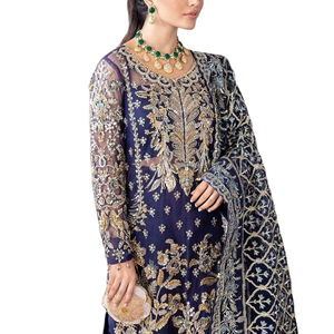 Elegante Salwar Kameez de Seda Azul Marino Bordado con Hilo Dorado y Detalles de Piedras para Mujer, Ropa de Boda India Pakistán - Product Image 1