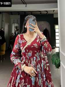 Indian Designer Women Wear Marble Silk Anarkali Gowns with Floral Print With Lace Touch Up Gowns Indian Salwar Kameez <b>Suit</b> - Product Image 5