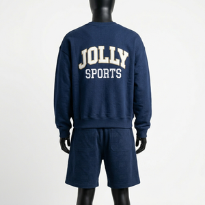 ชุดเสื้อสเวตเชิ้ตและกางเกงขาสั้นผ้าฝ้ายฟลีซคุณภาพพรีเมียม 320 GSM สีกรมท่าเข้ม สัมผัสนุ่ม พร้อมโลโก้ สำหรับผู้ชาย - Product Image 5