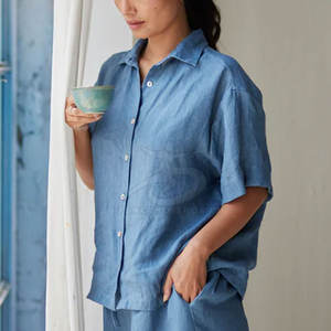 Conjunto de Dos Piezas de Algodón Casual Transpirable con Botones, Camisa y Pantalones de Cintura Alta para Mujer, Ropa de Calle Diaria - Product Image 3