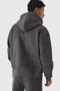 Custom Men's Oversized Boxy Worldwide Debossed Hoodie Wholesale Manufacturer Breathable Cotton Blended Oversized Hoodie For Men - Product Image 2